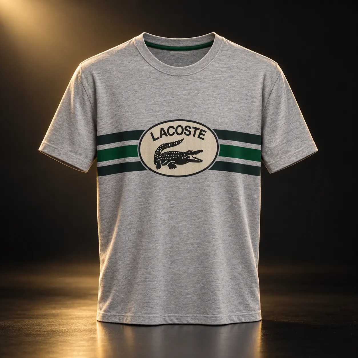 Camiseta Lacoste cinza com listras verdes