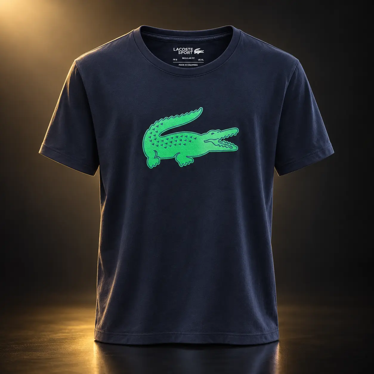 Camiseta Lacoste azul marinho com crocodilo verde