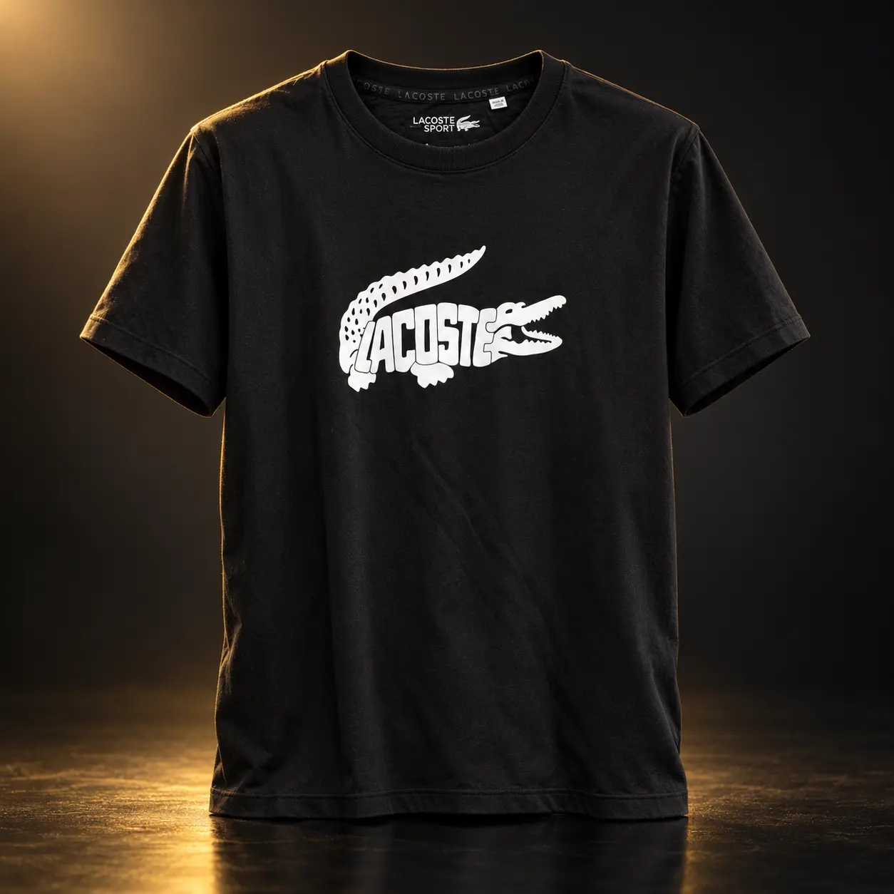 Camiseta Lacoste preta com crocodilo branco