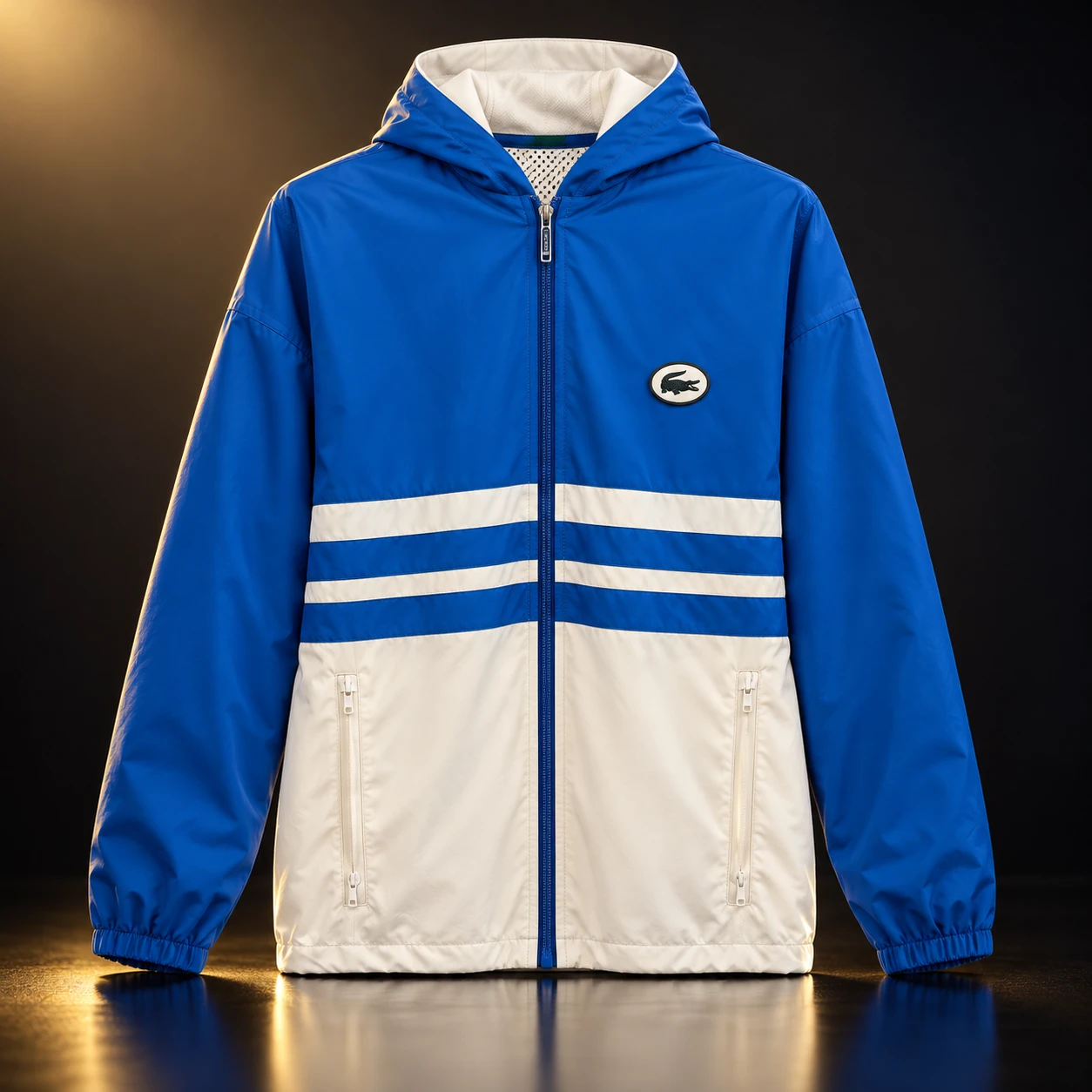 Jaqueta Lacoste com capuz azul e branca