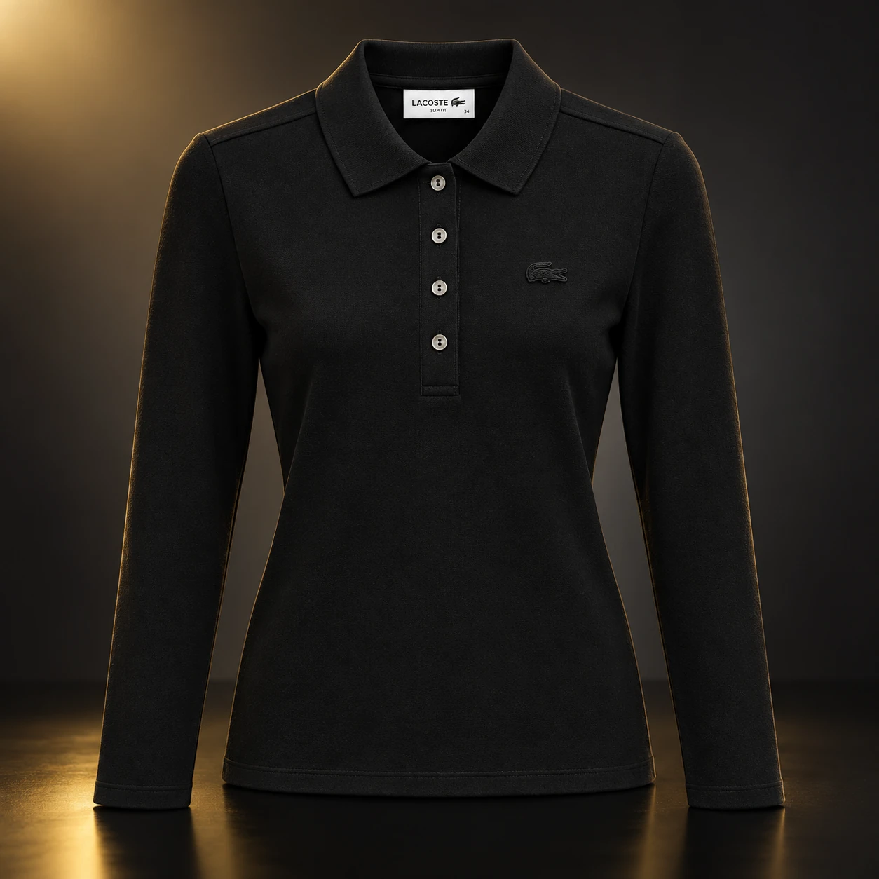 Polo Lacoste preta de manga longa