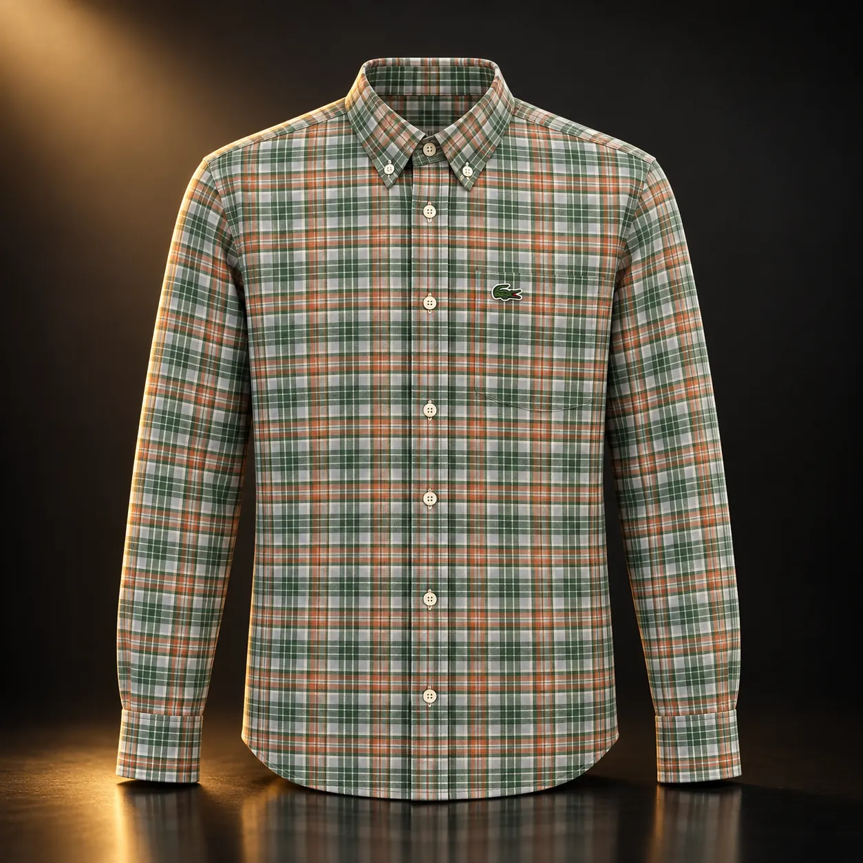 Camisa xadrez Lacoste verde e laranja