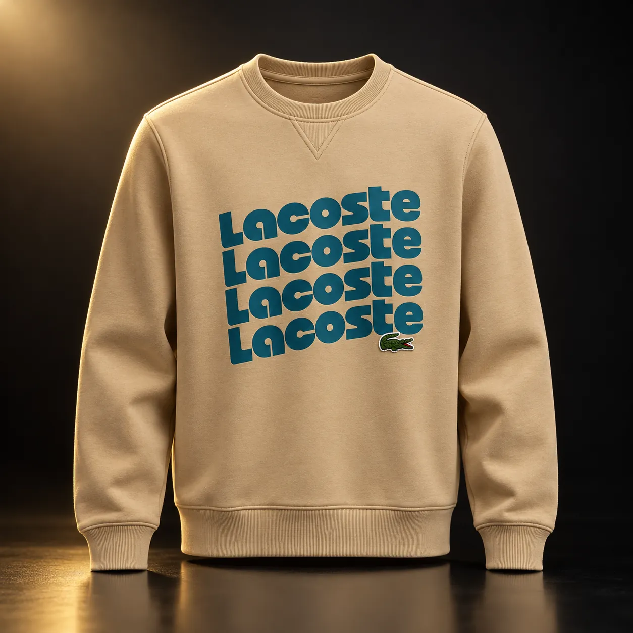 Moletom Lacoste bege com logo repetido azul
